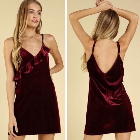 Red Velvet Ruffle Mini Dress - Picture 2 of 3